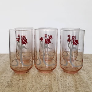 Six Mid Century Modern Pink Tumblers, Floral Print Glasses, Vintage Glass Tumblers, Water Glasses, Retro Tumblers, Pink Drinking Glass