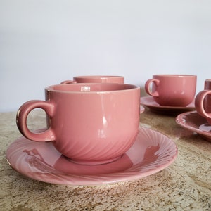Set of 6 Pink Stoneware Cups and Saucers, Vintage Tea Cup Set, Pink Tea Cups, Flat Cup and Saucer Set, Coffee Mugs