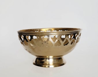 Vintage Brass Footed Bowl: Heart Cutouts, Polished Brass Decor