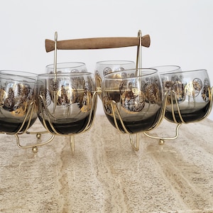 Set of 8 Roly Poly Whiskey Glasses with Caddy, Vintage 22Kt Gold Cocktail Glasses, Mid Century Stemless Rock Glasses, Old Fashioned Glasses