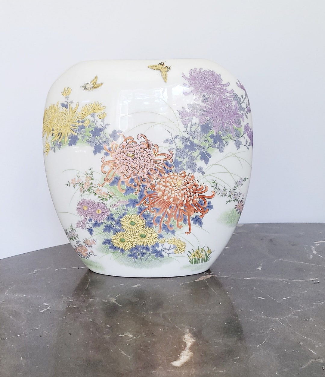 Vintage Shibata Porcelain Vase, Oval Shaped Floral Japanese Vase