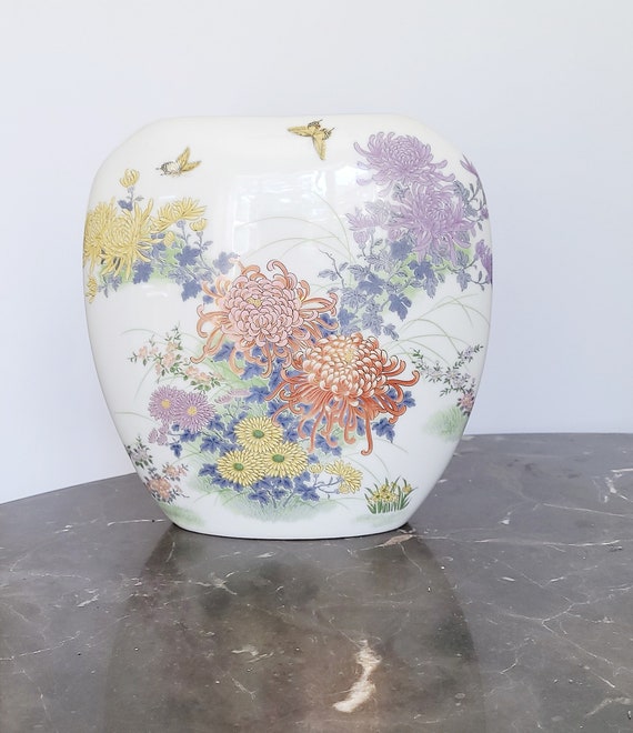 Vintage Shibata Porcelain Vase, Oval Shaped Floral Japanese Vase