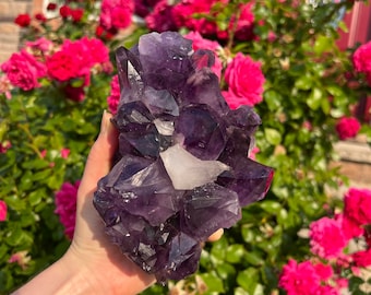 Amethyst cluster with Calcite, Large Amethyst cluster, Amethyst Freeform, Rough Amethyst Geode, Raw Amethyst Chunk, Raw Amethyst Cluster