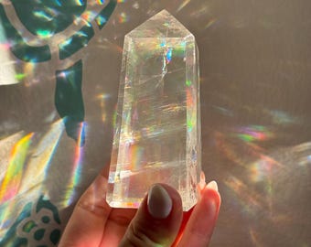 Optical calcite Tower, Iceland Spar, Rainbow Calcite Point,  Natural Clear Calcite Crystal Point, Calcite Obelisk, 17