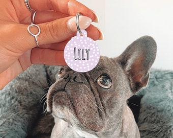 Personalised Name Purple Spotty Dog Tag | Custom Pet Tag | Tag for Dogs | Pet ID | Circle Dog Tag | Name Tag