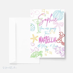 Bride invitation for hen do, bachelorette, hen weekend, surprise hen do reveal, Ibiza hen weekend holiday theme