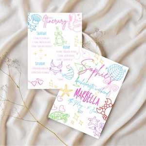 Hen party invitation, bachelorette weekend vacation, hen weekend itinerary holiday theme, Ibiza hen weekend invitation.