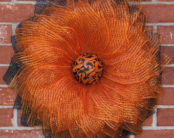 Wreath, Front Door Wreath, Door Hanger, Orange and Black Wreath, Fall Wreath, Farmhouse Wreath, Mesh Wreath, Handcrafted Wreath, Door Decor