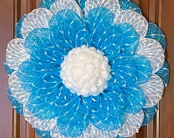 Wreath, Front Door Wreath, Door Hanger, Mesh Wreath, Blue and White Wreath, Farmhouse Wreath, County Wreath, Everyday Wreath, Neutral Wreath
