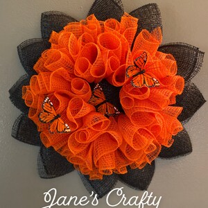 Wreath, Orange and Black Wreath, Monarch Butterfly Wreath, Mesh Wreath, Front Door Wreath, Door Hanger, Farmhouse Wreath, Country Wreath