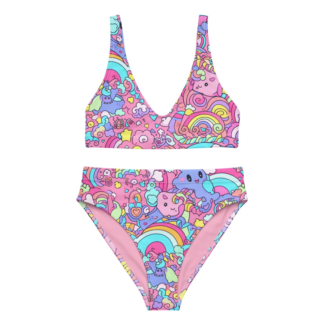 Highwaisted Kawaii Bikini Set Decora Kei Bikini Top Pastel Rainbow