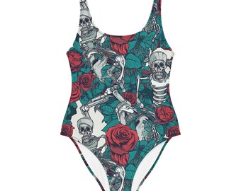 Poetic Pattern | Swimsuit | Roses Skeleton Vintage Rose Floral SummerSwimwear Beachwear Surf Boho Goth Rock Punk Tattoo Spooky fun Flower