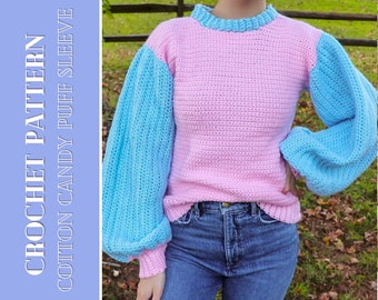 CROCHET PATTERN | Cotton Candy Puff Sleeve Sweater Video & Pictures included | Balloon sleeve, cozy, easy, diy | PDF instant download