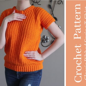 May include: A crochet pattern for a classic ribbed spring t-shirt. The pattern is written in English and includes instructions for making the shirt in a variety of sizes.