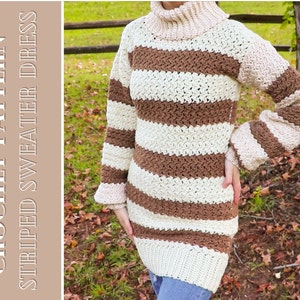 CROCHET PATTERN // Striped Sweater Dress | Instant PDF Download With Pictures & Video Included | fall, spring, sweater, turtelneck, long