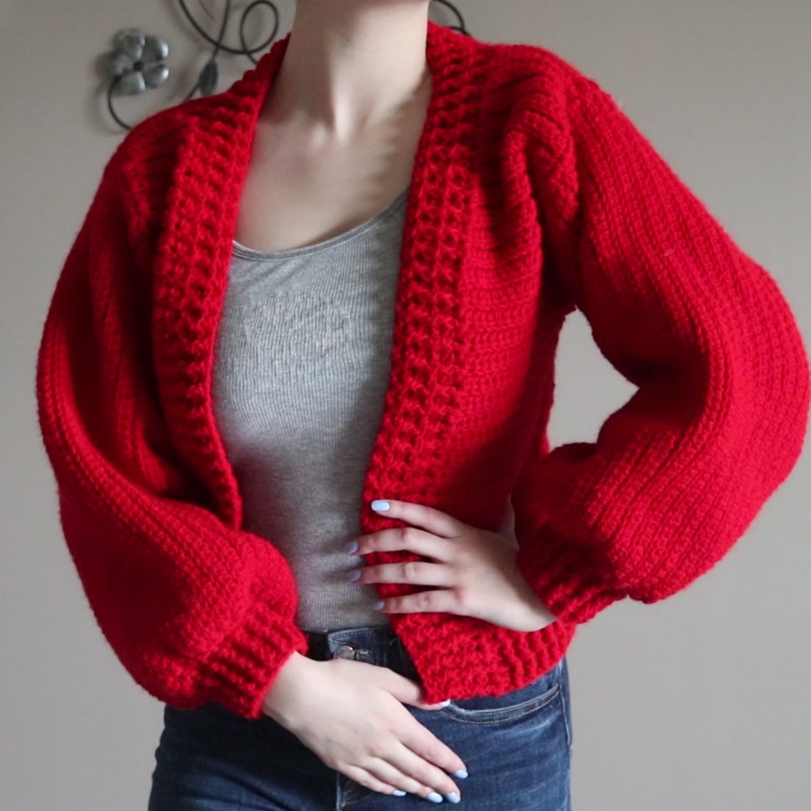 CROCHET PATTERN // Textured Puff Sleeve Cardigan Video & Etsy