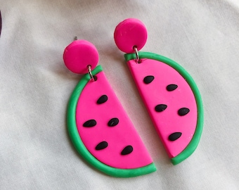 Watermelon Slice Earrings | Polymer Clay Earrings, Statement Earrings, Handmade, Lightweight, Novelty Jewelry, Fruit Jewelry