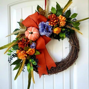 Fall Wreath, Autumn  Peony Wreath, Pumpkin Wreath, Harvest Berries Wreath