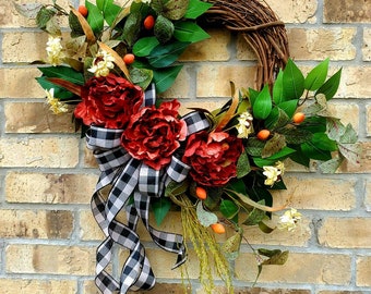 Fall Wreath,Fall Peonies Wreath, Daisy Fall Wreath, Autumn Berries Wreath, Buffalo Front Door Wreath