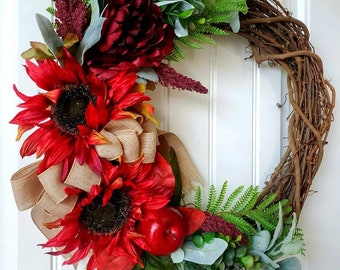 Fall Sunflower Wreath, Apple Wreath, Autumn Wreath