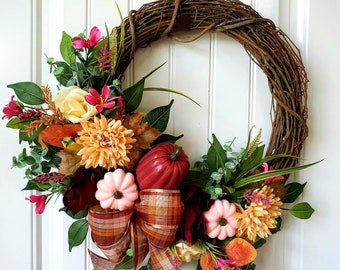 Fall Wreath, Autumn Rose Wreath, Pink Pumpkin Wreath, Modern Fall Wreath