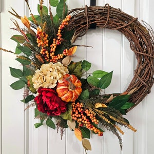 Fall Wreath, Elegant Autumn Wreath, Luxury Pumpkin Wreath,  Fall Door Wreath, Berries Autumn Wreath