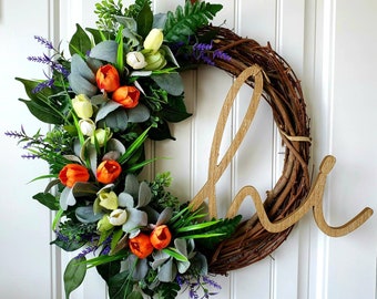 Spring lamb's Ear Wreath, Tulip Wreath, Summer Wreath, Greenery Front Door Wreath