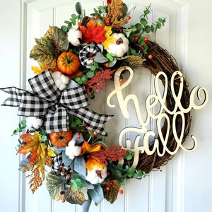 BEST SELLER!! Fall Wreath, Pumpkin Wreath, Cotton Wreath, Lambs Ear Buffalo Fall Wreath