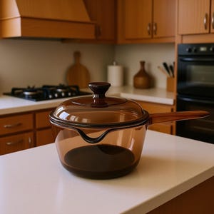 May include: A transparent amber-colored saucepan with a matching lid and handle. The glass pot sits on a white countertop in a kitchen setting. The saucepan is designed for stovetop cooking.