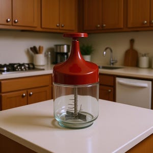 May include: A clear glass food chopper with a red top and handle. The chopper has a stainless steel blade inside. The kitchen tool is sitting on a white countertop in a kitchen setting.
