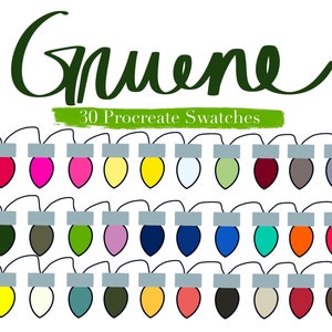 May include: A set of 30 Procreate swatches, displayed as a string of colorful light bulbs. The swatches include a variety of colors, including red, pink, yellow, green, blue, and purple.