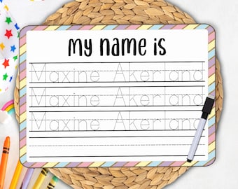 Personalized Reusable Name Practice Trace Board | Dry Erase Board with Black Dry Erase Pen Included | Home School Tools | Primary Design