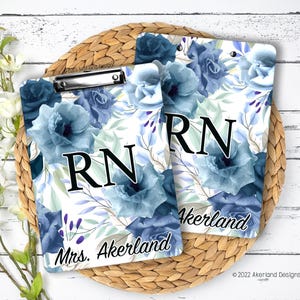 Blue Floral Nurse Clipboard, Personalize with a name, Two sizes available - Double Sided 9x12.5 inches Gift for Registered Nurses