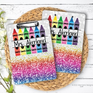 Rainbow Teacher Crayon Clipboard with Personalization Front and Back 9in W by 12.5in H Teacher Appreciation Gift - Double Sided