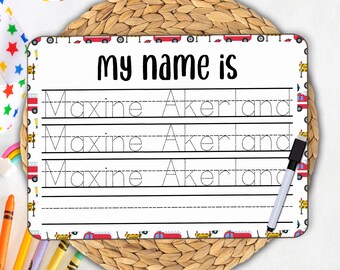 Personalized Fire Truck Themed Practice Dry Erase Board with Marker, Home School Tools for Alphabet, Shapes, Printing, Cursive, Numbers