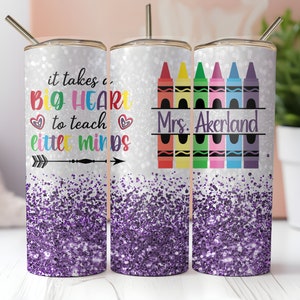 Purple Faux Glitter Teacher Tumbler with Quote & Personalization 20 oz or 30 oz Tumbler, with plastic straw