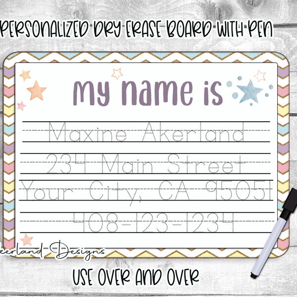 Personalized Reusable Name Practice Trace Board | Dry Erase Board with Black Dry Erase Pen Included | Home School Tools | Primary Design