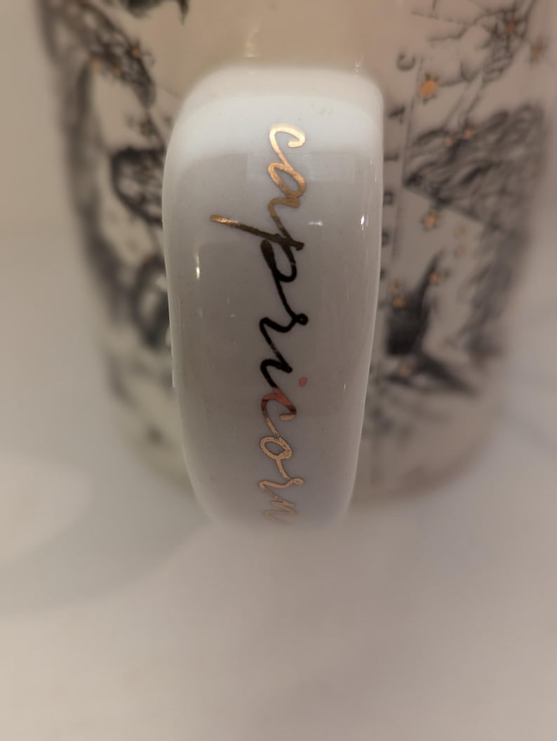 May include: White ceramic mug with a gold inscription that reads "capricorn" on the handle.