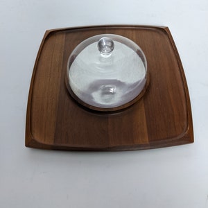 MCM Teak Cheese Tray with Glass Dome