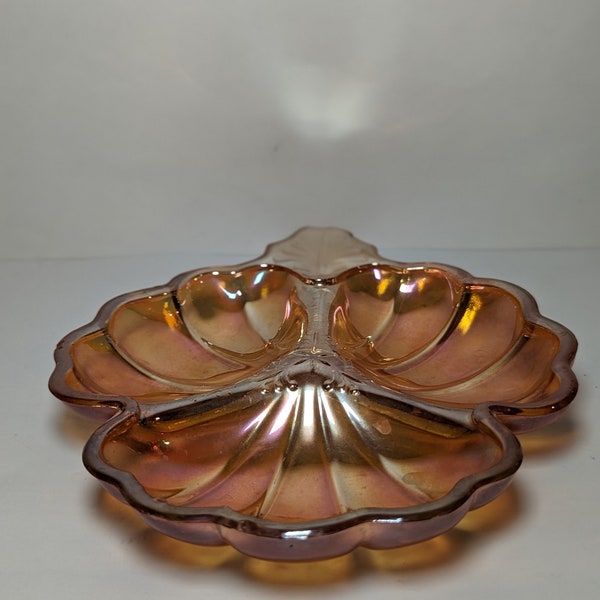 Vintage Iridescent Amber Carnival Glass Divided Candy Dish