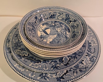 Vintage Johnson Brothers Historic America Blue Transferware Set 9 Piece Plate Bowl Lot