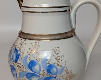 Vintage Blue Floral Pitcher with Gold Trim