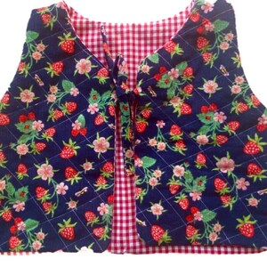 May include: A sleeveless vest featuring a dark blue quilted exterior with a repeating pattern of red strawberries, green leaves, and pink flowers. The interior is lined with a red and white gingham fabric, and the front closes with ties.