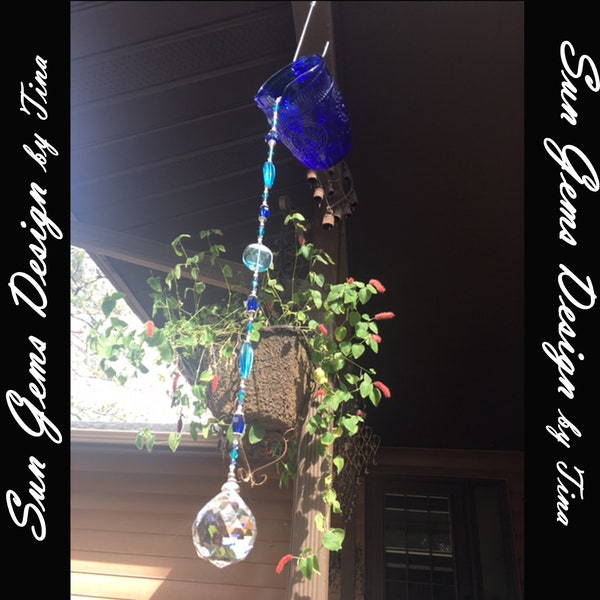LARGE cobalt blue glass pouring window crystal sun catcher mobile