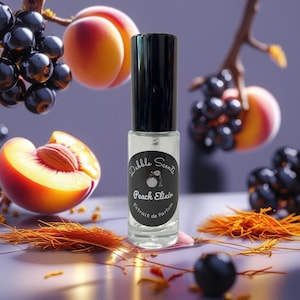 May include: A clear glass perfume bottle with a black cap, labeled "Peach Elixir." The label is black with white text and a small illustration. The background features peaches, grapes, and orange-brown strands.