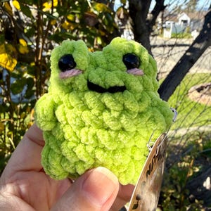 May include: A lime green crocheted frog with black eyes and a pink mouth. The handmade plush toy has a smiling expression and is held in a hand. A small metal ring is attached to the frog.