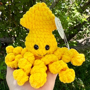 Crocheted Squid - Yellow - Solid Black Eyes - Handmade - Amigurumi - Holiday Gift - Creation - Stuffed Plushie - Sea Animal Theme
