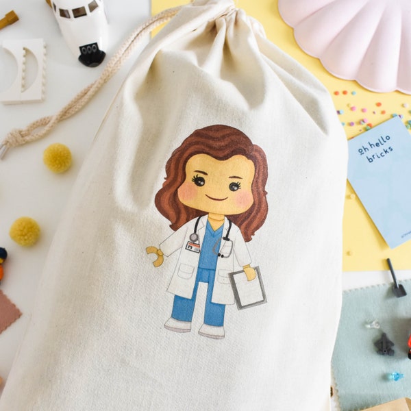 Doctor Personalised Character Print Drawstring Cotton bags, Natural cotton, Kids Bedroom storage, Toy Bag, Toy Storage