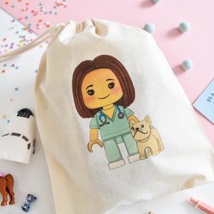 Vet Personalised Character Print Drawstring Cotton bags, Natural cotton, Kids Bedroom storage, Toy Bag, Toy Storage