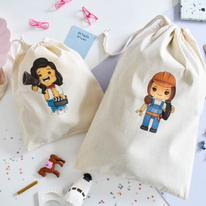 Personalised Character Print Drawstring Cotton bags, Natural cotton, Kids Bedroom storage, Toy Bag, Toy Storage